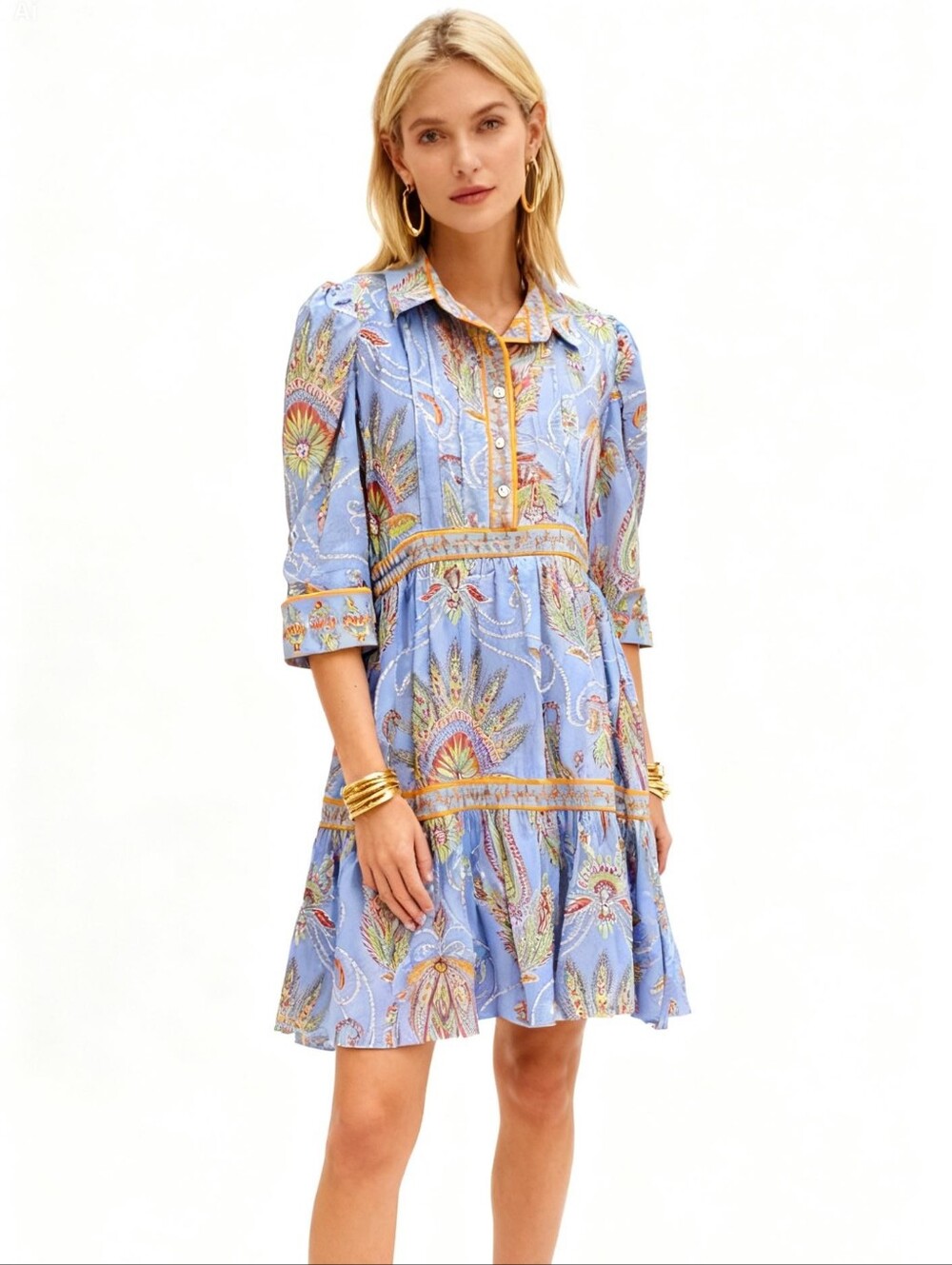 Gretchen Scott Light Blue Paisley Button-Front Tiered Shirt Dress Size M